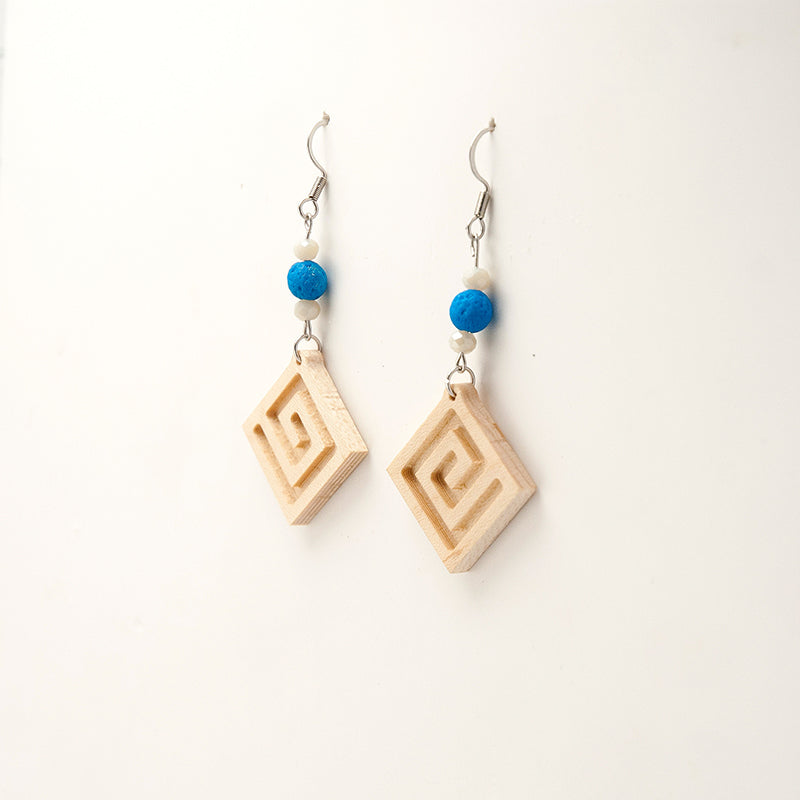 Ariba. Maple Square Wooden Earrings with Engraved Greek Meandros and Blue lava beads A144-1