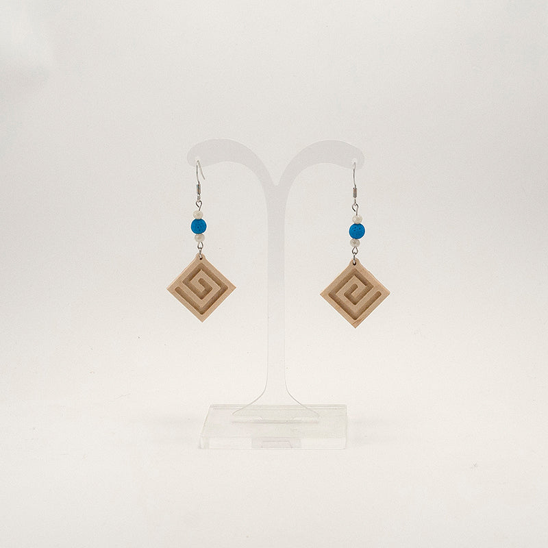 Ariba. Maple Square Wooden Earrings with Engraved Greek Meandros and Blue lava beads A144-1