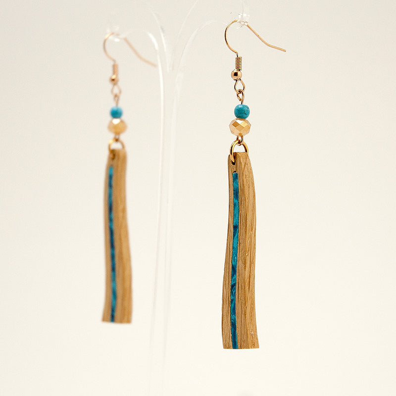 Renya. Oak Wave Wooden Earrings with Blue Shell inlay Agate beads A154-3