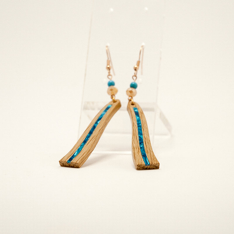 Renya. Oak Wave Wooden Earrings with Blue Shell inlay Agate beads A154-3