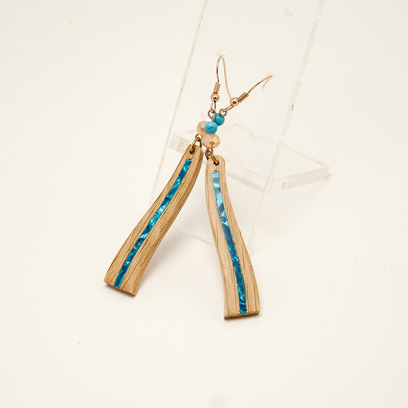 Renya. Oak Wave Wooden Earrings with Blue Shell inlay Agate beads A154-3