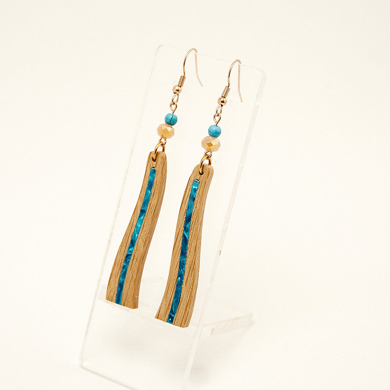 Renya. Oak Wave Wooden Earrings with Blue Shell inlay Agate beads A154-3