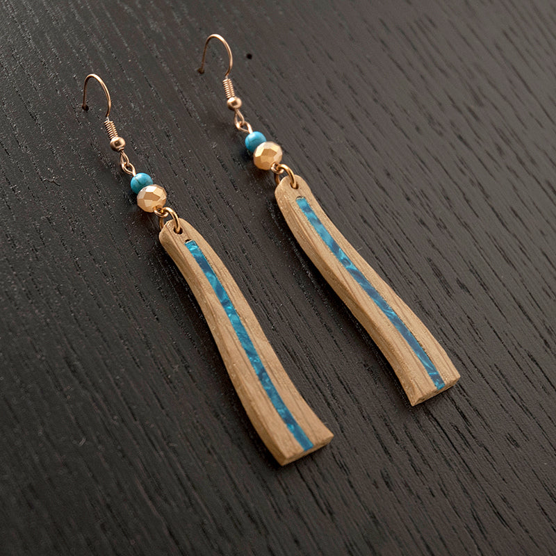 Renya. Oak Wave Wooden Earrings with Blue Shell inlay Agate beads A154-3