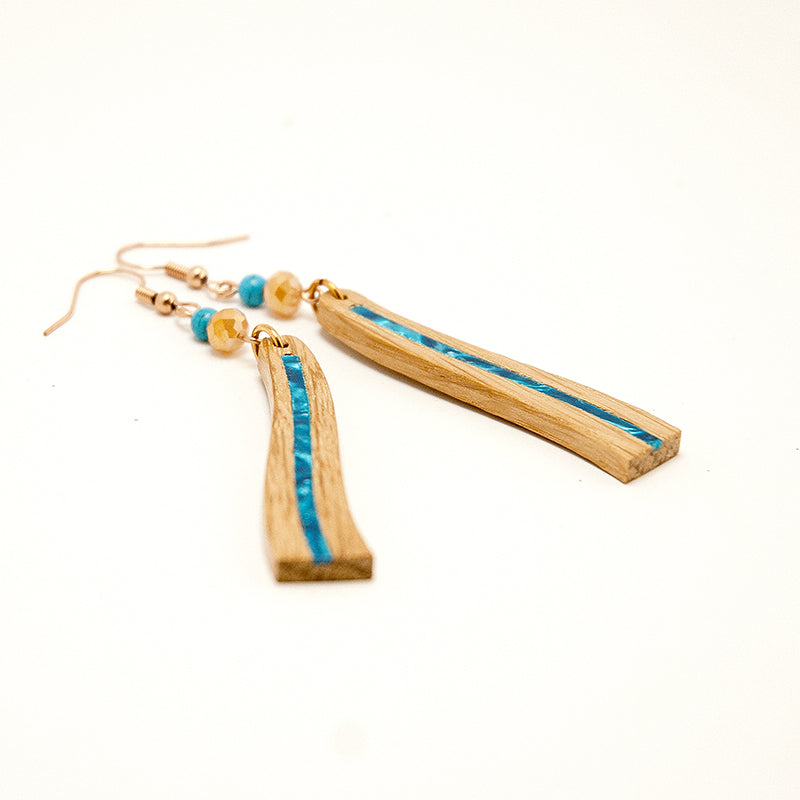 Renya. Oak Wave Wooden Earrings with Blue Shell inlay Agate beads A154-3