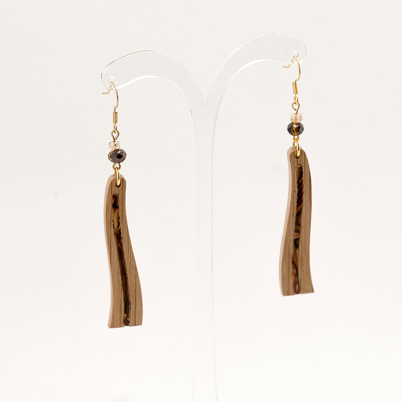 Vedika. Oak Wave Wooden Earrings with Brawn-Gold Shell inlay A154-4