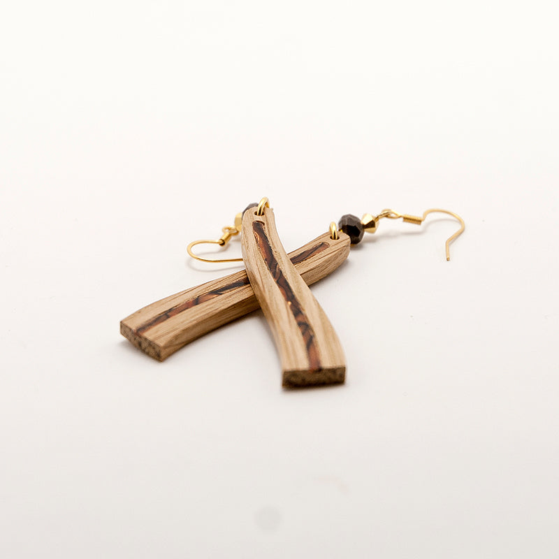 Mirea. Oak Wave Wooden Earrings with Brawn-Gold Shell inlay A154-5