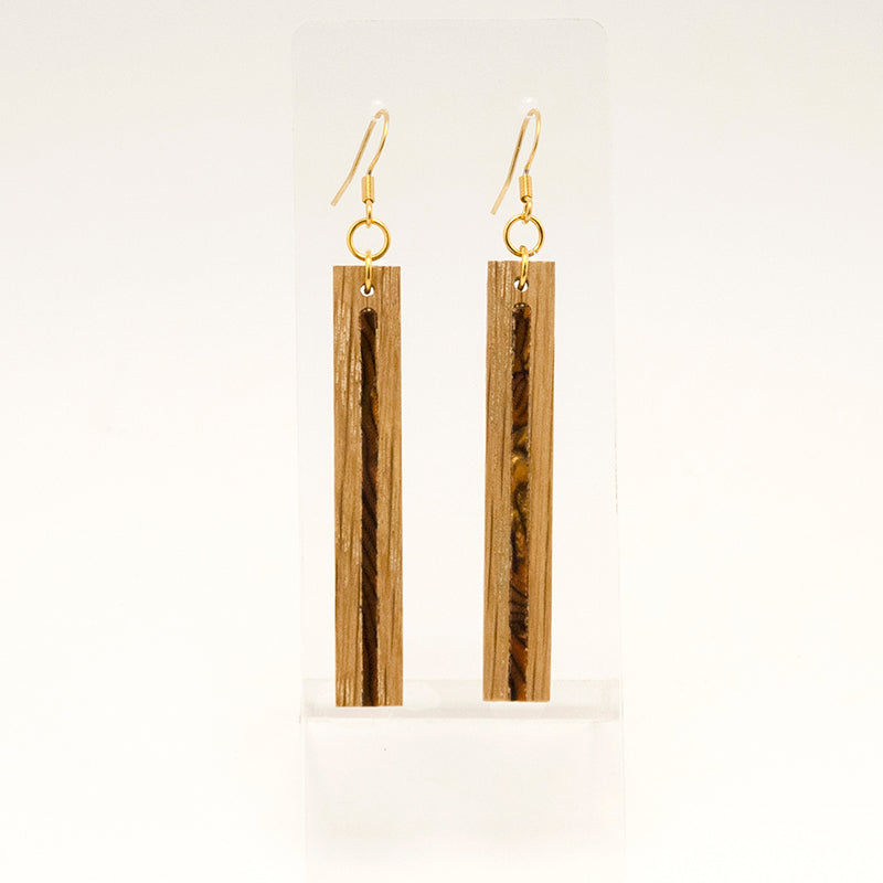 Menna. Oak Rectangle Wooden Earrings with Brawn-Gold Shell inlay A155-1