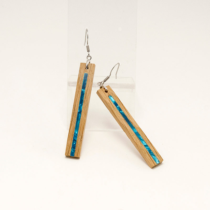 Thiya. Oak Rectangle Wooden Earrings with Blue Shell inlay A155-2