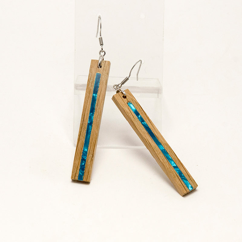 Thiya. Oak Rectangle Wooden Earrings with Blue Shell inlay A155-2