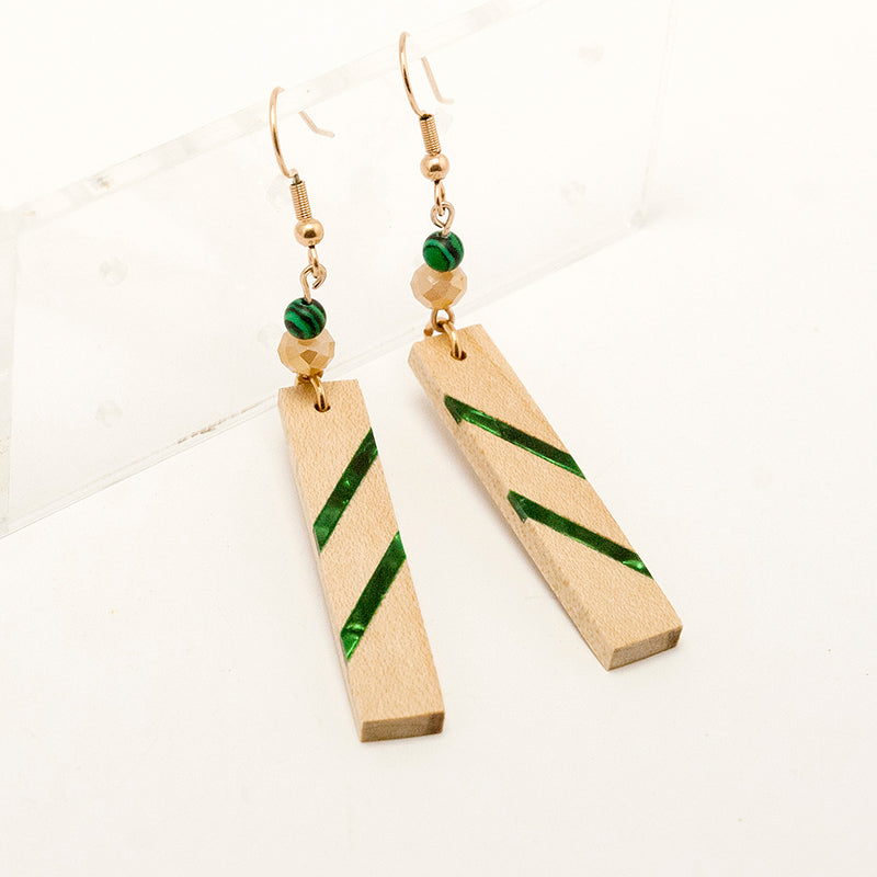 Tasia. Maple Rectangle Wooden Earrings with Shell inlay and Green beads A156-1