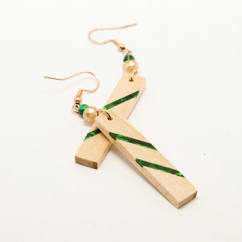 Tasia. Maple Rectangle Wooden Earrings with Shell inlay and Green beads A156-1