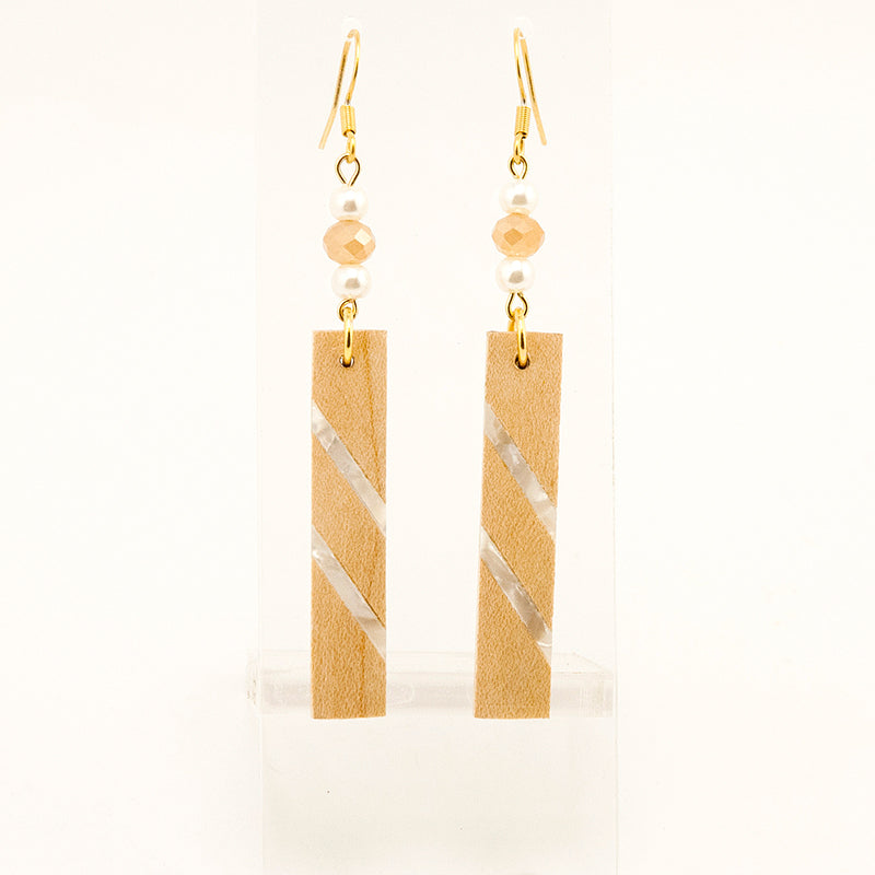 Geneva. Maple Rectangle Wooden Earrings with  Shell inlay and White beads A156-3