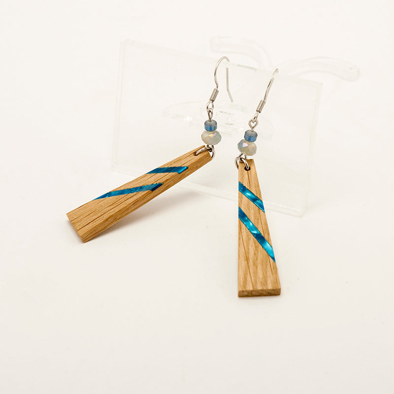 Sima. Oak Triangle Wooden Earrings with Shell inlay and Blue beads A157-1