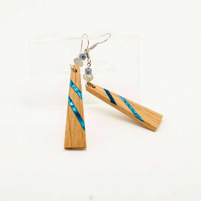 Sima. Oak Triangle Wooden Earrings with Shell inlay and Blue beads A157-1