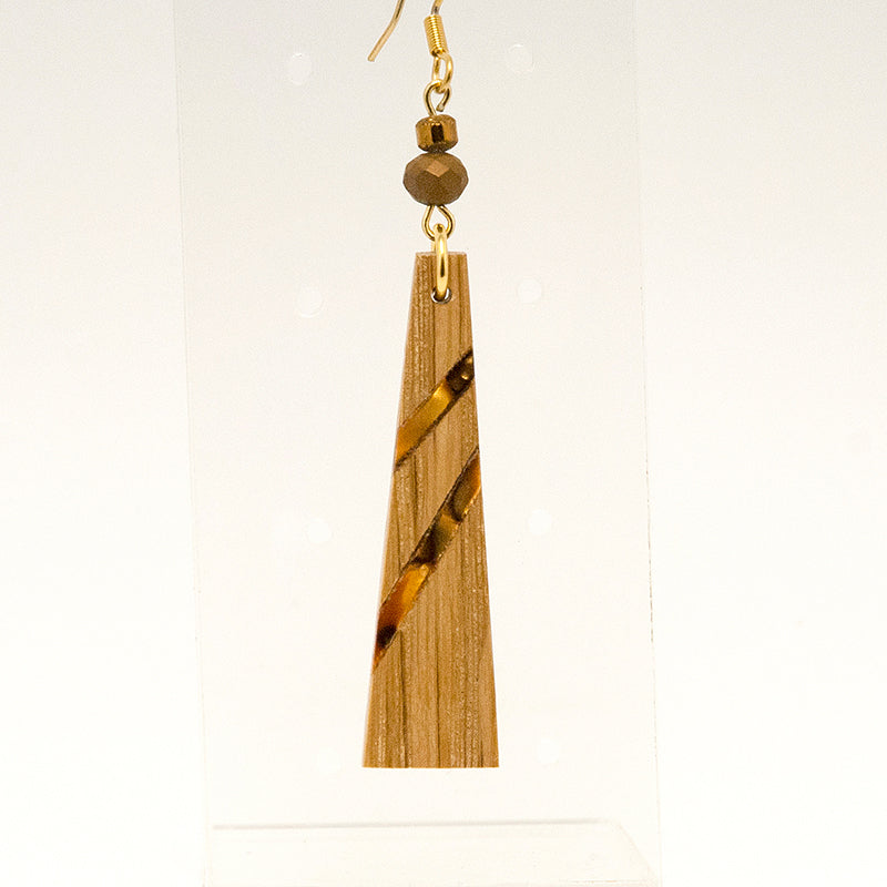 Daia. Oak Triangle Wooden Earrings with Shell inlay and Brown - Gold beads A157-2