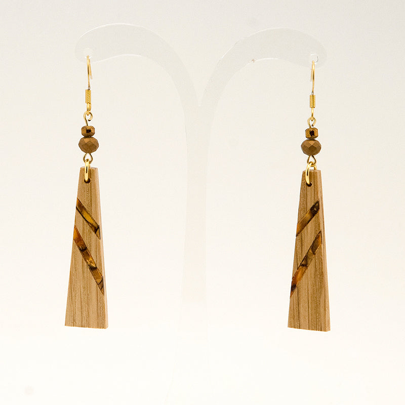 Daia. Oak Triangle Wooden Earrings with Shell inlay and Brown - Gold beads A157-2