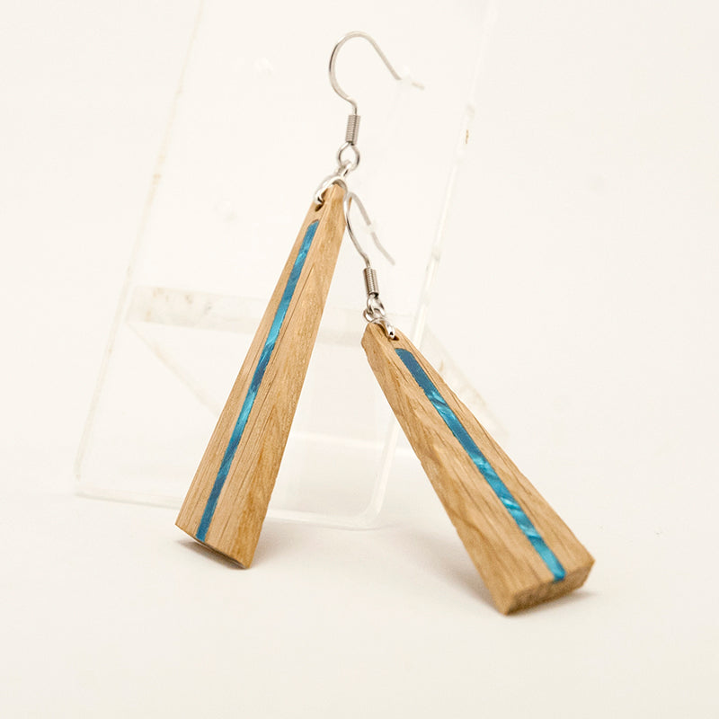 Nelia. Oak Triangle Wooden Earrings with Blue Shell inlay and Stainless Steel hooks A158-1