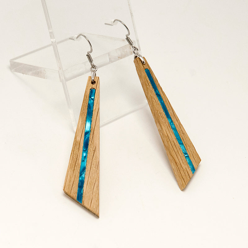 Nelia. Oak Triangle Wooden Earrings with Blue Shell inlay and Stainless Steel hooks A158-1