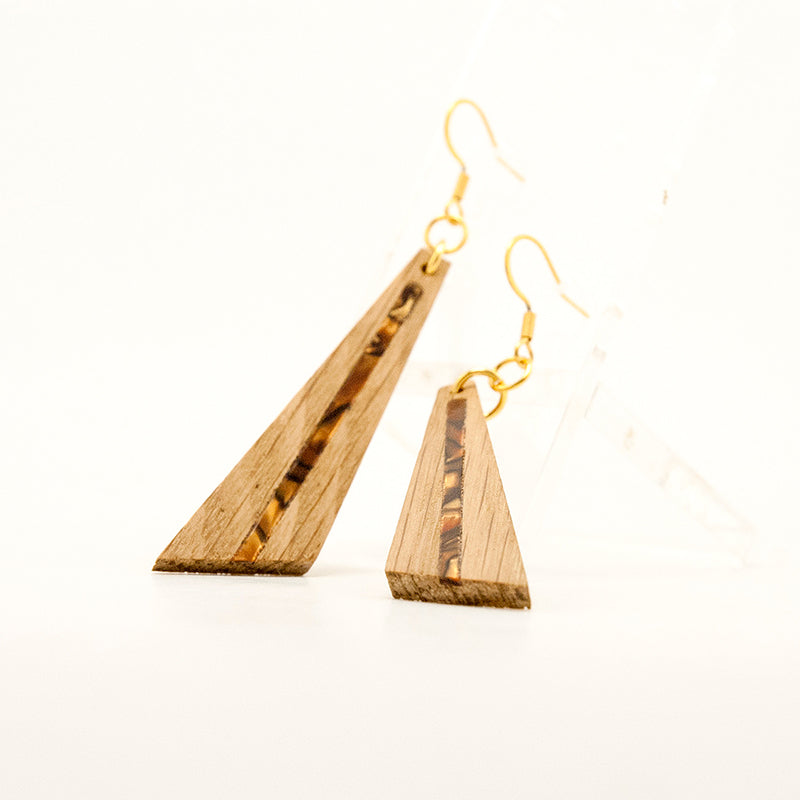 Eryna. Oak Triangle Wooden Earrings with Brawn-Gold Shell inlay and Stainless Steel hooks A158-2