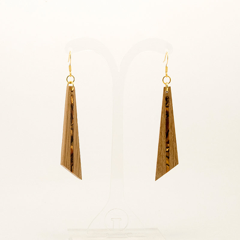 Eryna. Oak Triangle Wooden Earrings with Brawn-Gold Shell inlay and Stainless Steel hooks A158-2