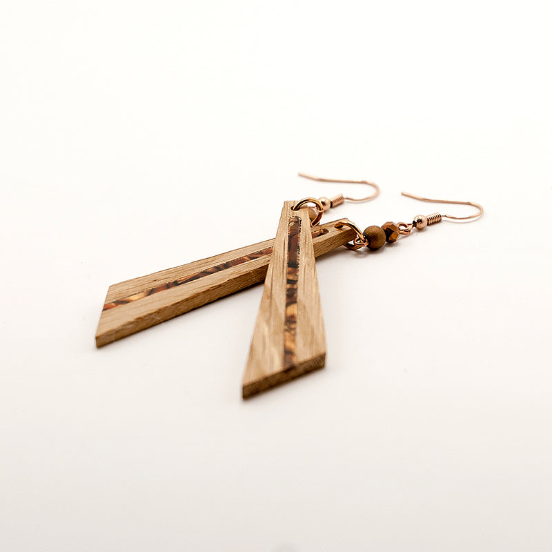 Reba. Oak Triangle Wooden Earrings with Brown-Gold Shell inlay A158-4