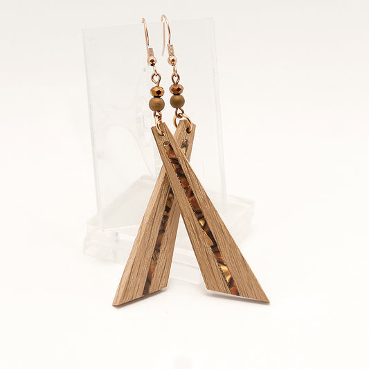Reba. Oak Triangle Wooden Earrings with Brown-Gold Shell inlay A158-4