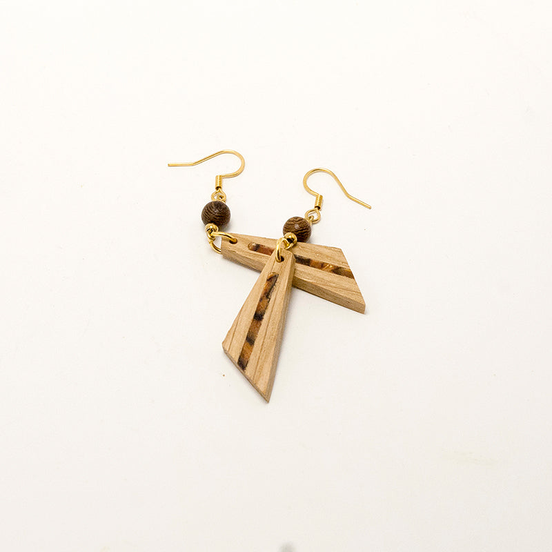 Urwa. Oak Triangle Wooden Earrings with Shell inlay and Brown - Gold beads A159-1