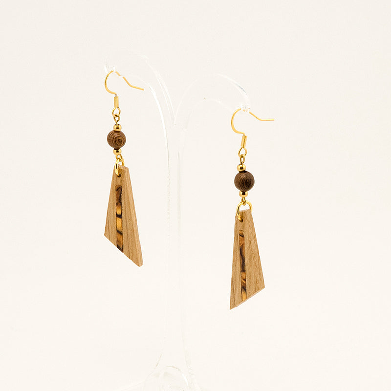 Urwa. Oak Triangle Wooden Earrings with Shell inlay and Brown - Gold beads A159-1