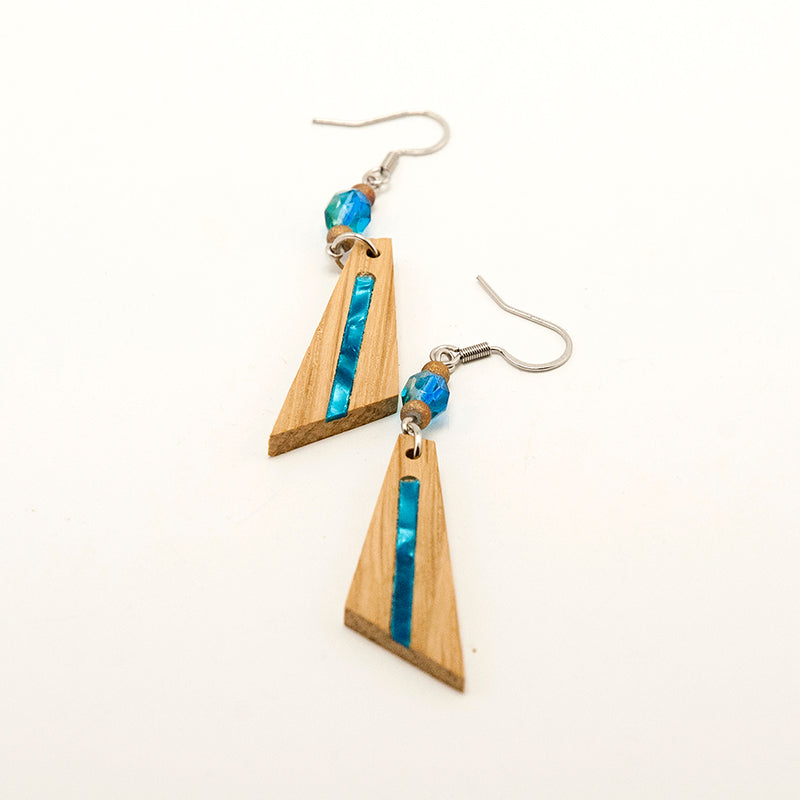 Onya. Oak Triangle Wooden Earrings with Shell inlay and Blue beads A159-2