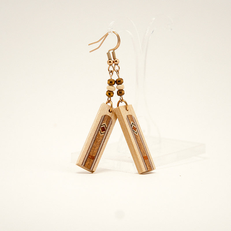 Toria. Maple Rectangle Wooden Earrings with Wood Marquetry Geometric pattern inlay A160-1