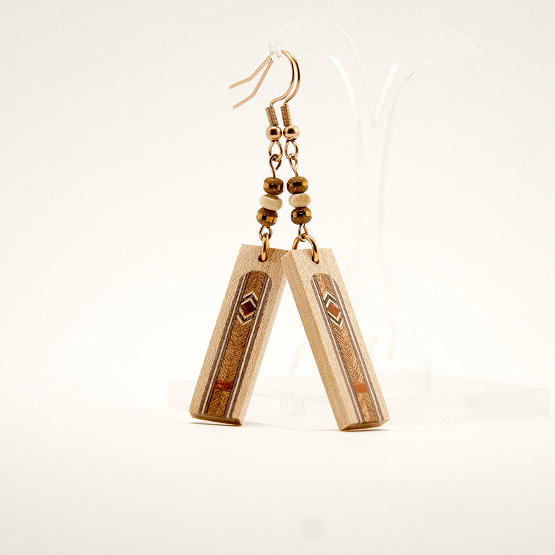 Toria. Maple Rectangle Wooden Earrings with Wood Marquetry Geometric pattern inlay A160-1