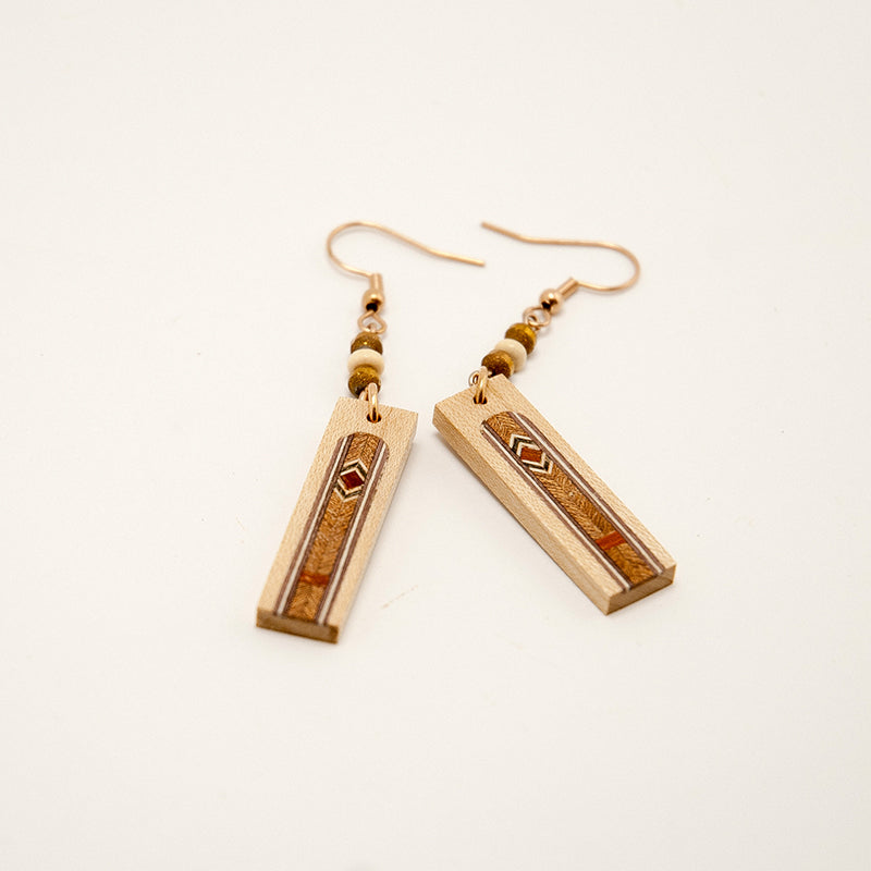 Toria. Maple Rectangle Wooden Earrings with Wood Marquetry Geometric pattern inlay A160-1