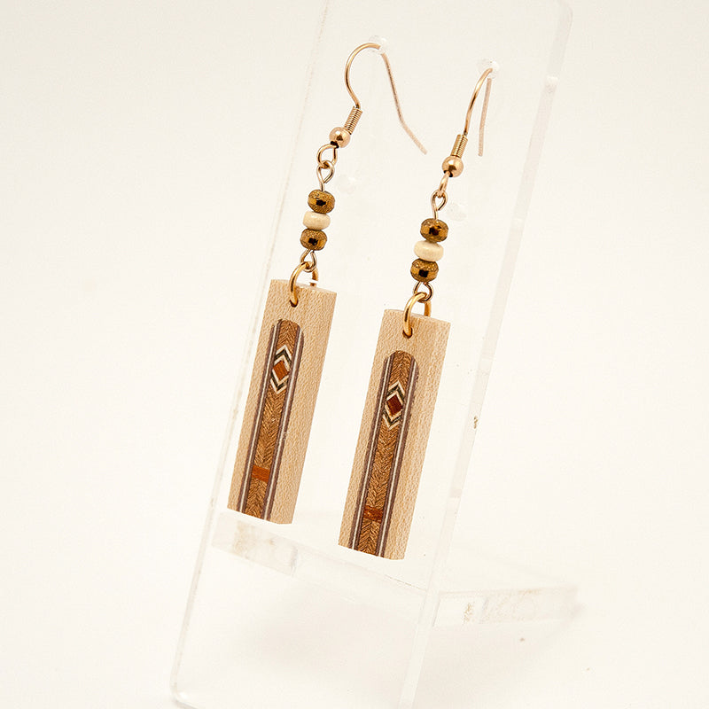 Toria. Maple Rectangle Wooden Earrings with Wood Marquetry Geometric pattern inlay A160-1