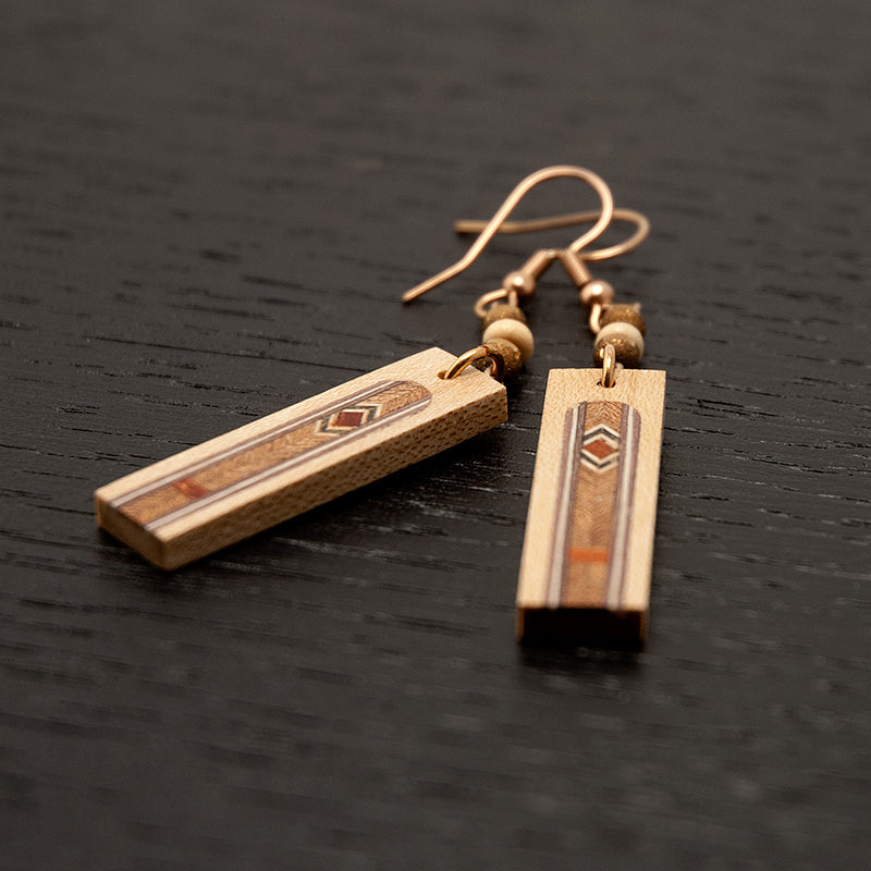 Toria. Maple Rectangle Wooden Earrings with Wood Marquetry Geometric pattern inlay A160-1