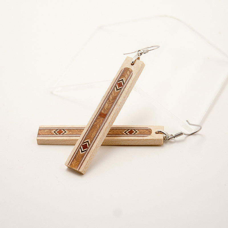Akeda. Maple Rectangle Wooden Earrings with Wood Marquetry Geometric pattern inlay A161-1