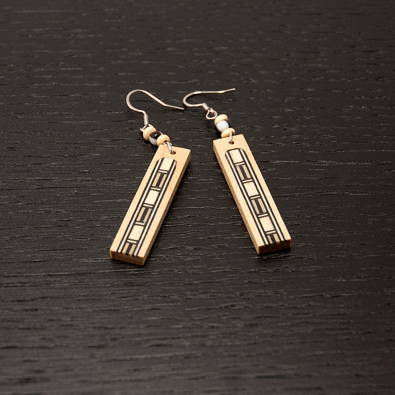 Araba. Maple Rectangle Wooden Earrings with Wood Marquetry Geometric pattern inlay A162-1