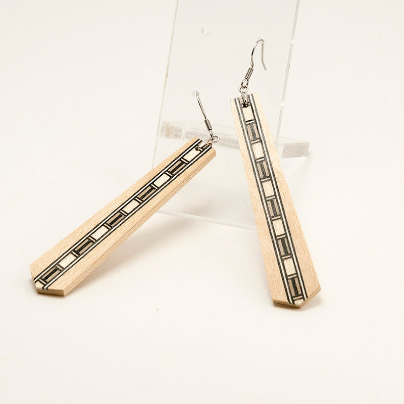 Oana. Maple Quadrilateral  Wooden Earrings with Shell inlay Black - White beads A164-1