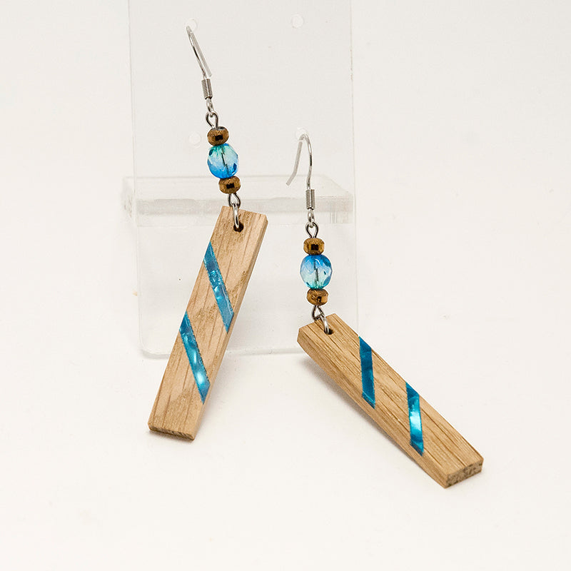 Vedra. Oak Rectangle Wooden Earrings with Shell inlay Blue beads A165-1