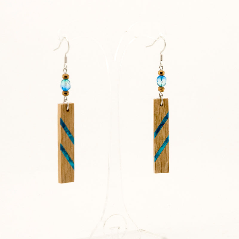 Vedra. Oak Rectangle Wooden Earrings with Shell inlay Blue beads A165-1