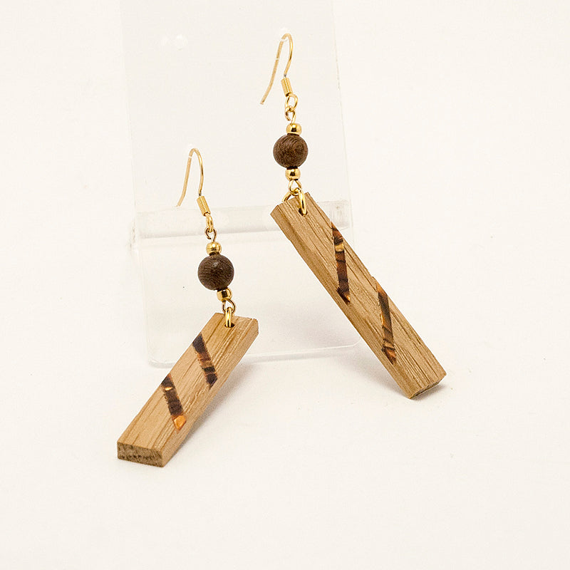 Jiya. Oak Rectangle Wooden Earrings with Shell inlay Brown - Gold beads A165-2