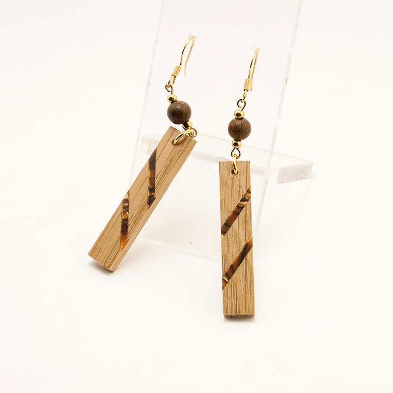 Jiya. Oak Rectangle Wooden Earrings with Shell inlay Brown - Gold beads A165-2