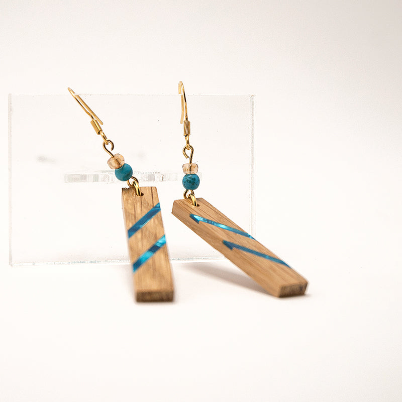 Eava. Oak Wooden Earrings, in Rectangle Shape with  beads. A165-3