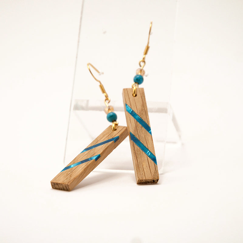 Eava. Oak Wooden Earrings, in Rectangle Shape with  beads. A165-3