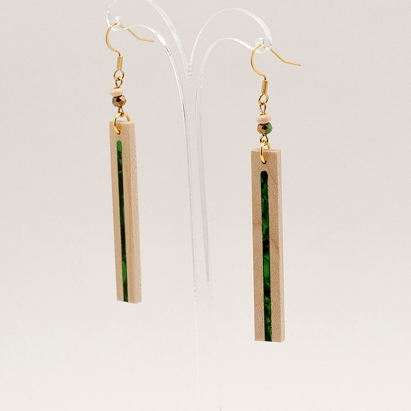Syifa. Maple Rectangle Wooden Earrings with Green Shell inlay and polyhedral beads A166-4