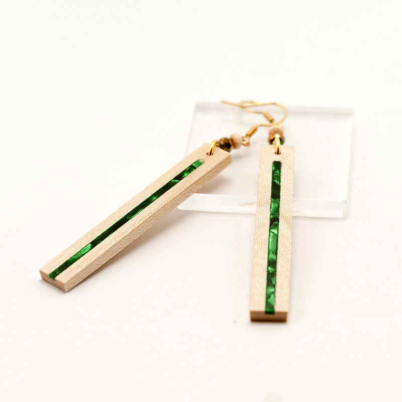 Syifa. Maple Rectangle Wooden Earrings with Green Shell inlay and polyhedral beads A166-4