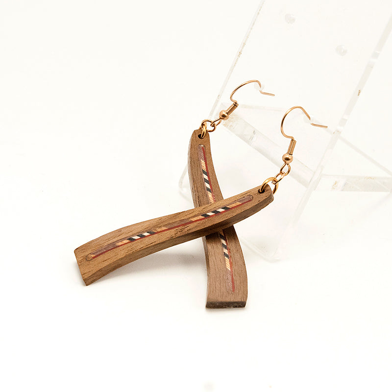 Qiana. Walnut Wave Wooden Earrings with Marquetry Geometric pattern inlay A167-1