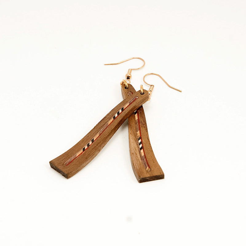 Qiana. Walnut Wave Wooden Earrings with Marquetry Geometric pattern inlay A167-1