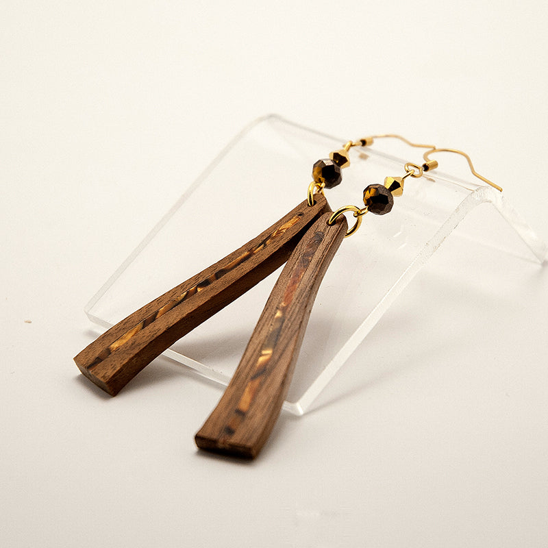 Teja. Walnut Wave Wooden Earrings with Brown-Gold Shell inlay and wood beats A167-2