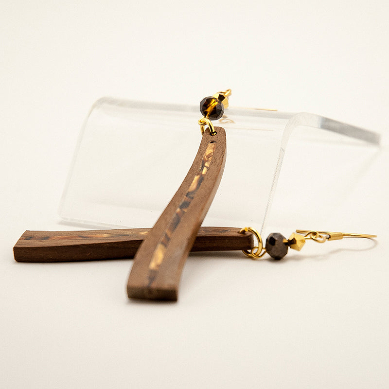 Teja. Walnut Wave Wooden Earrings with Brown-Gold Shell inlay and wood beats A167-2