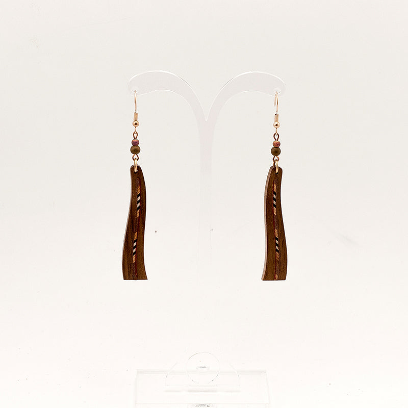 Elyana. Walnut Wave Wooden Earrings with Marquetry Geometric inlay A167-3